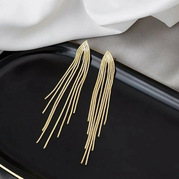 Gold Tassel Long Chain Drop Statement Earrings - Picture 1 of 4
